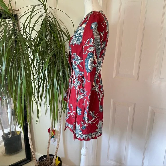 FARM Rio Dress Tropical Landing Red Wrap Long Sleeve V-Neck Mini Dress Medium
